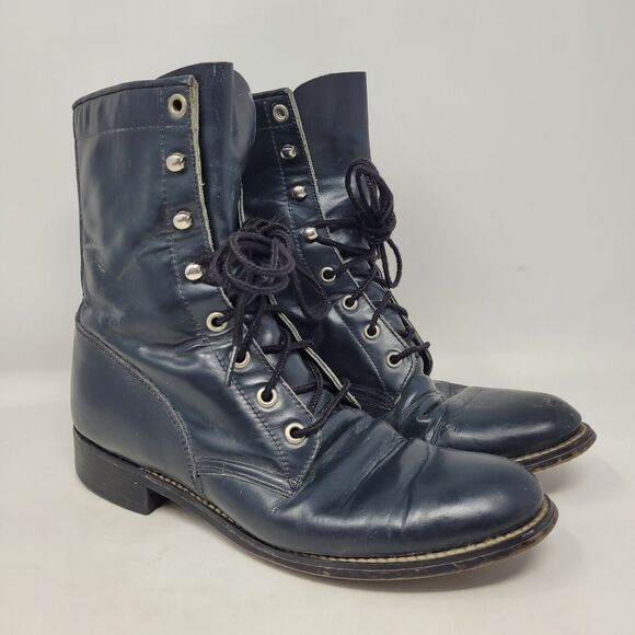 Justin Boots Shoes - Vintage Justin Boots Womens 8B Blue Leather Kiddle Ankle Lace Up Western Ranch
